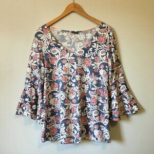 Clientele Bell Sleeve Paisley Denim & Lace Print Top